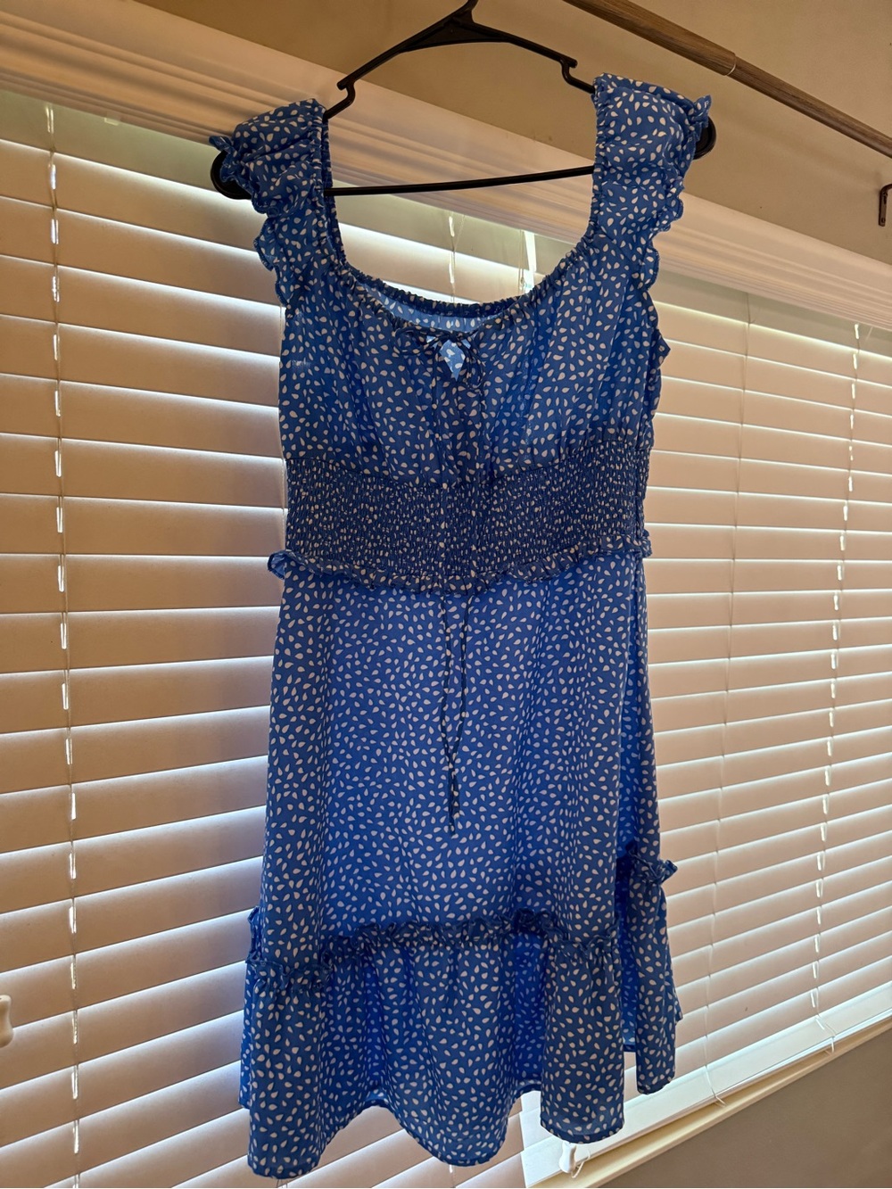 Blue Ruffle Sundress with White Dot Print